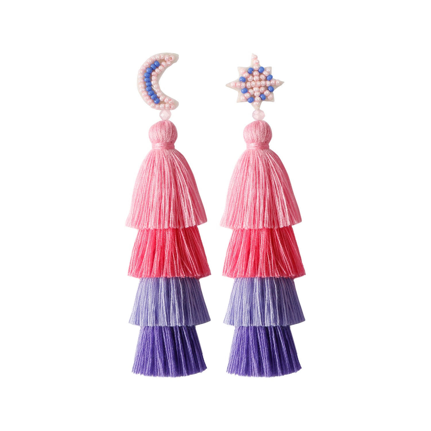Wholesale Retro Ethnic Style Tassel Earrings Handmade Cotton Thread Rice Beads Braided Star and Moon Asymmetrical Earrings